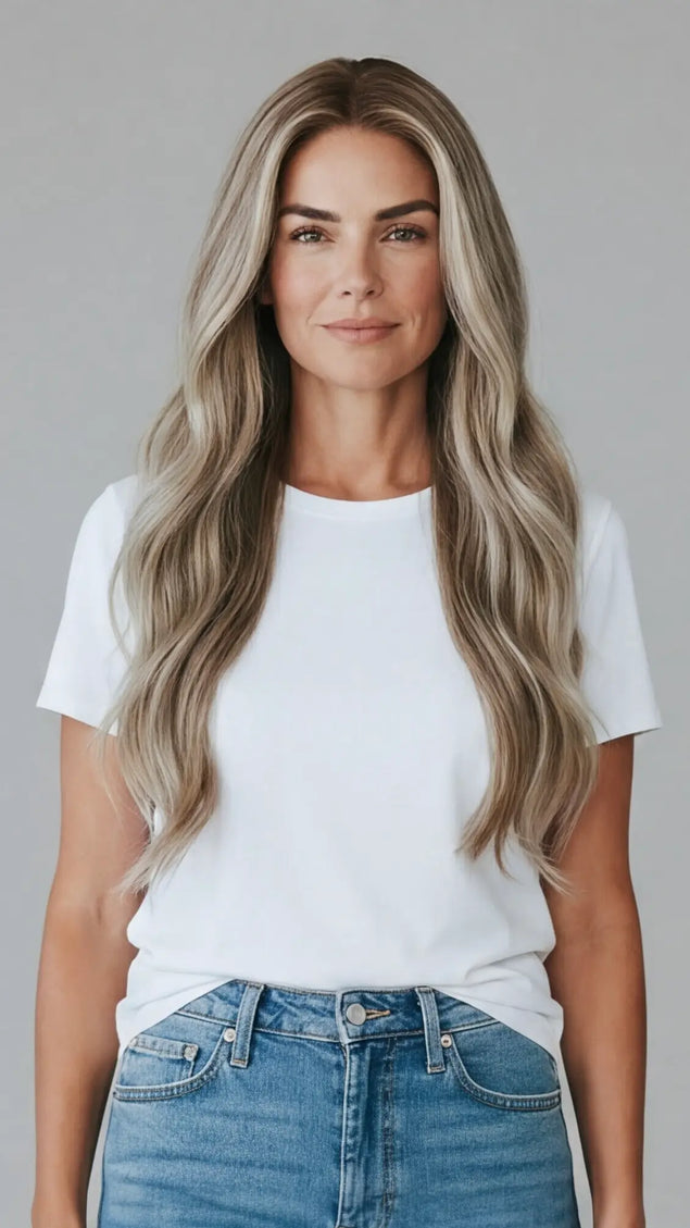 a natural looking long human hair wig for hairloss, alopecia, chemotherapy.