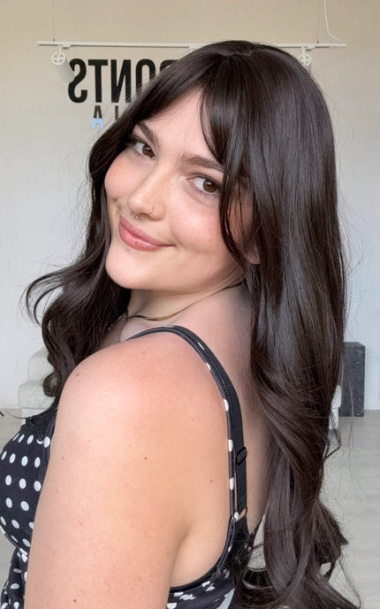 realistic long wig for daily wear for hairloss. darkest brunette with fringe.