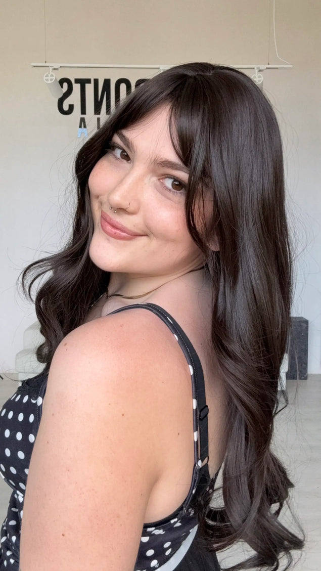 realistic long wig for daily wear for hairloss. darkest brunette with fringe.