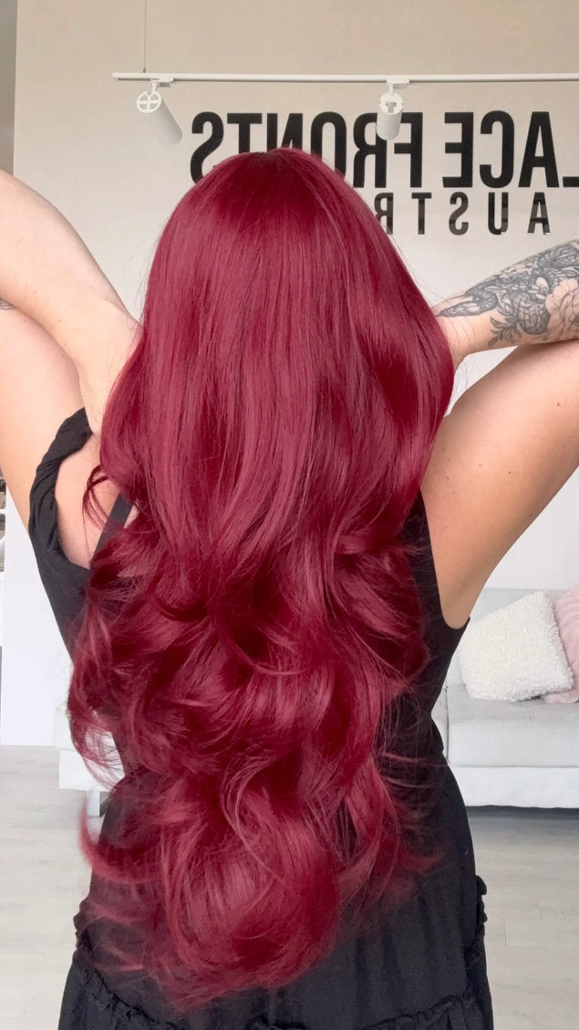 long synthetic glueless wig for hairloss, dark red colour with fringe.