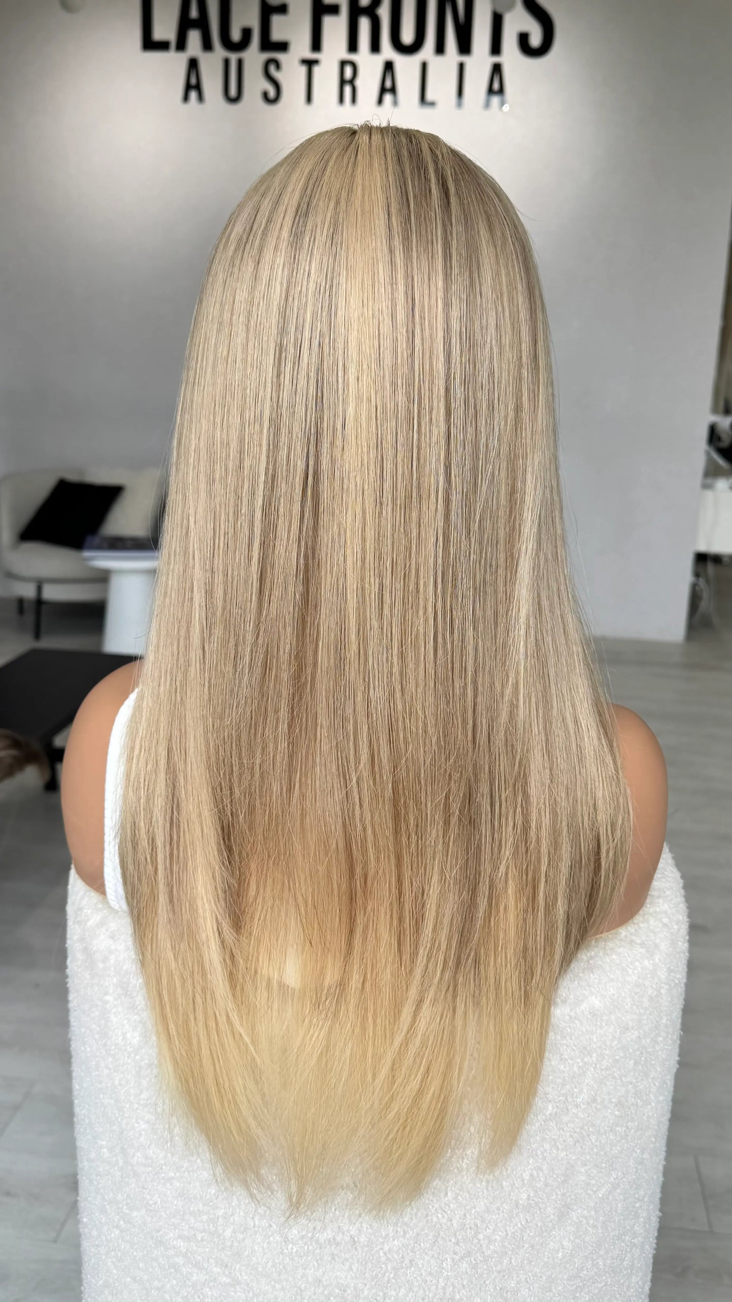 creamy blonde with lowlights, long layered lacefront wig australia. medical wig.