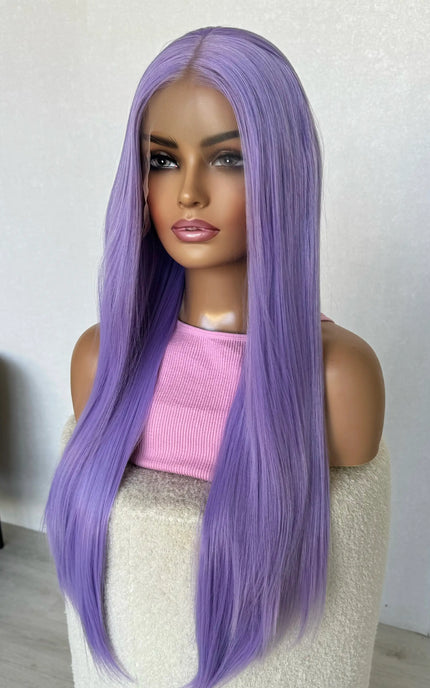 rumi wig, long purple hair, glueless synthetic  wig australia, middle part, changable parting. 