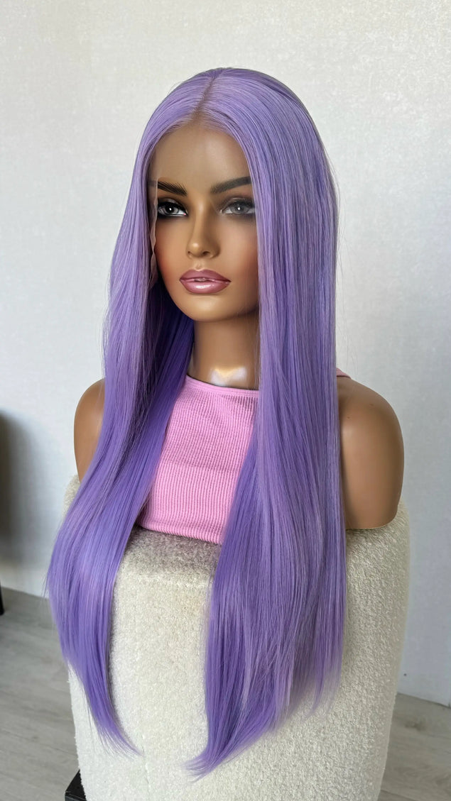 rumi wig, long purple hair, glueless synthetic  wig australia, middle part, changable parting. 