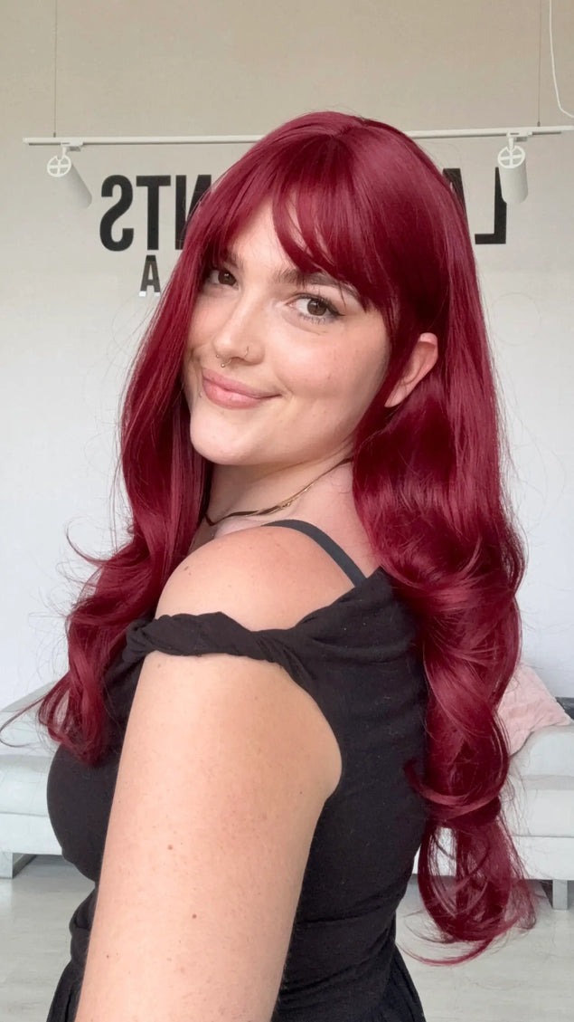 heat safe red synthetic hair wig for hairloss, australia, middle part, light layers.