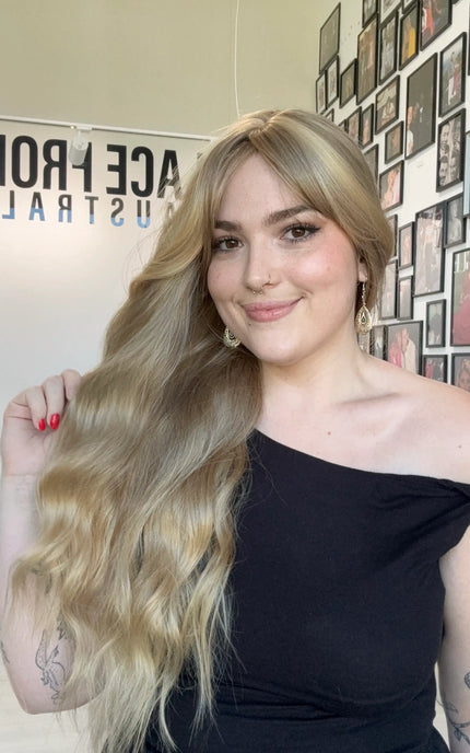 heat safe long wavy blonde hair synthetic australia, middle part with fringe.