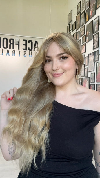 heat safe long wavy blonde hair synthetic australia, middle part with fringe.