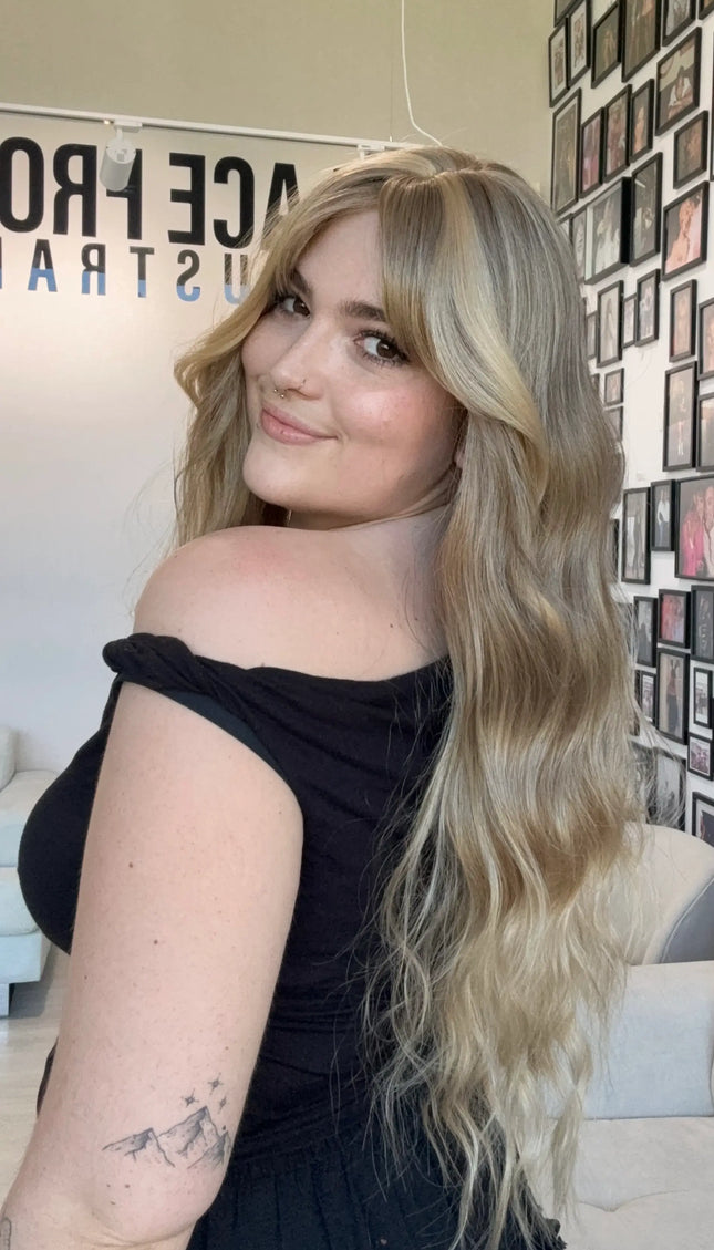 long wavy hair synthetic wig, heat safe hair with fringe and middle part
