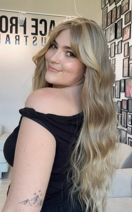 long wavy hair synthetic topper, heat safe hair with fringe and middle part