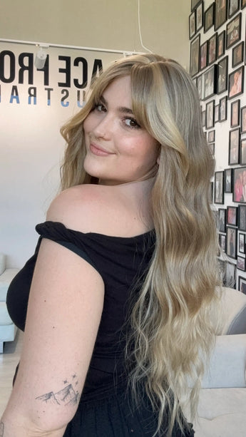 long wavy hair synthetic topper, heat safe hair with fringe and middle part