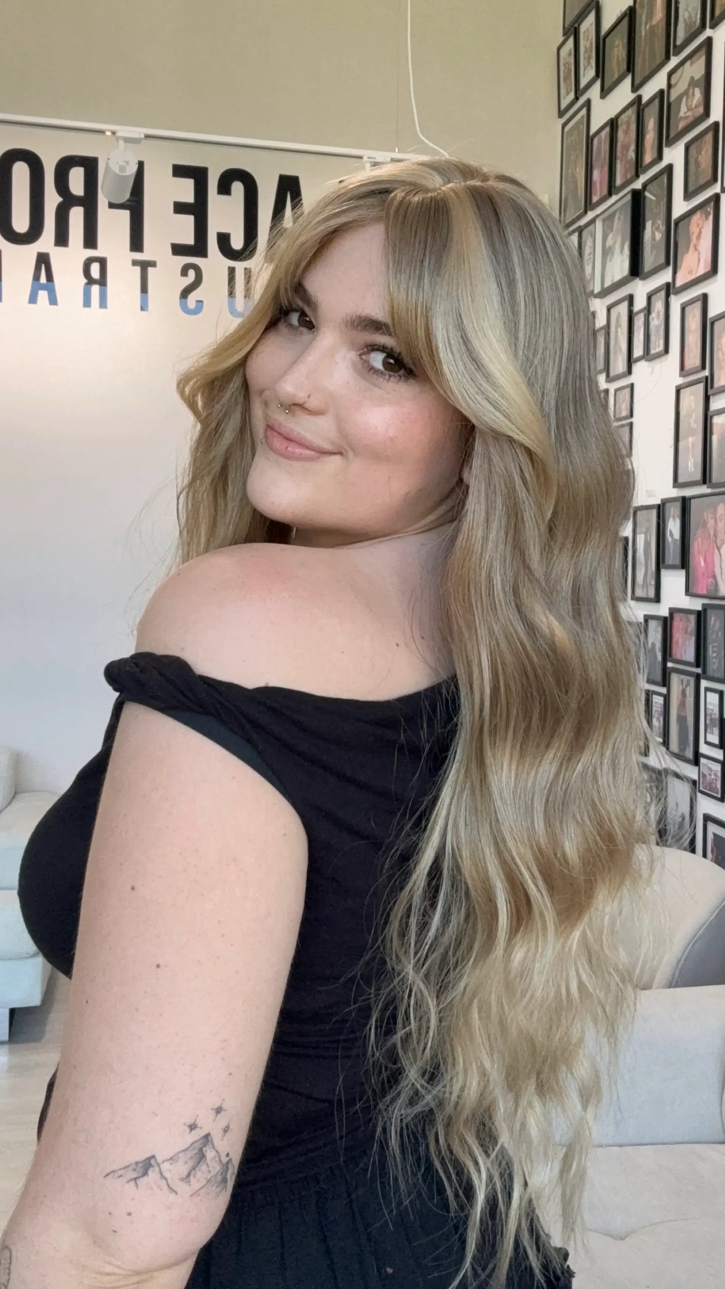 long wavy hair synthetic topper, heat safe hair with fringe and middle part