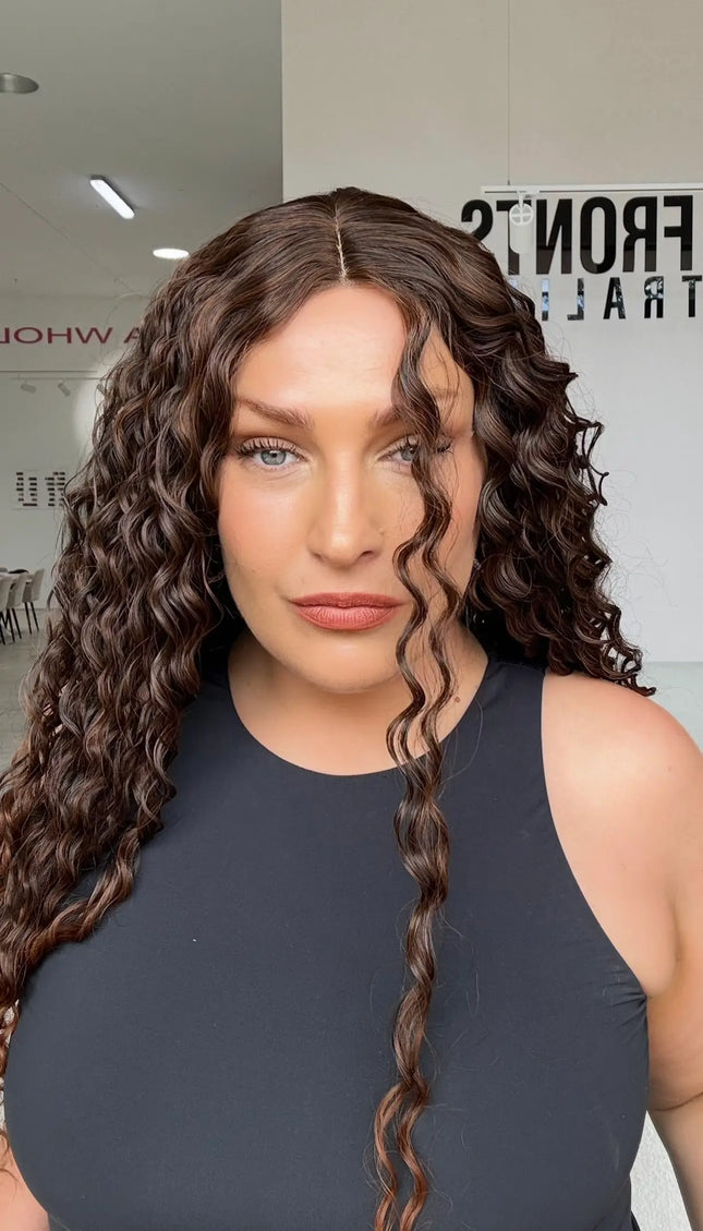 long wavy hair glueless synthetic with dark brunette hair to lighter chesnut ends, perfect for daily wear, glueless cap.