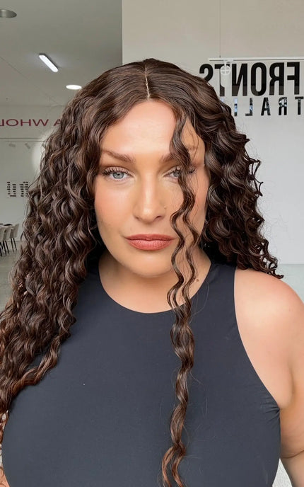 long wavy hair glueless synthetic with dark brunette hair to lighter chesnut ends, perfect for daily wear, glueless cap.
