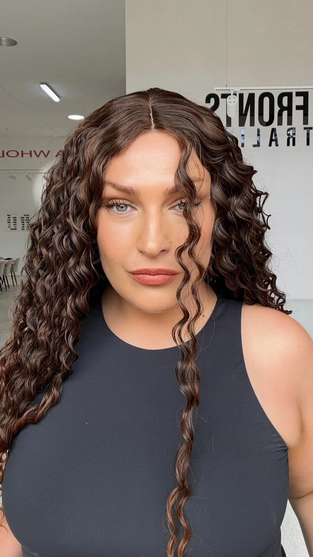 long wavy hair glueless synthetic with dark brunette hair to lighter chesnut ends, perfect for daily wear, glueless cap.