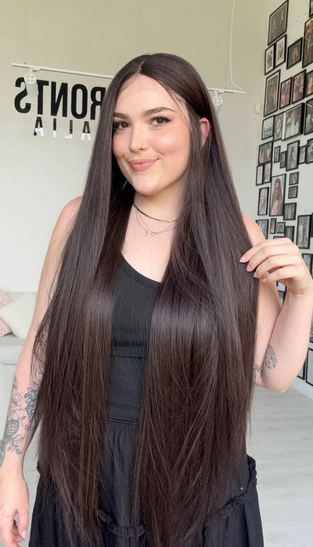longest length dark brown heat safe synthetic wig.
