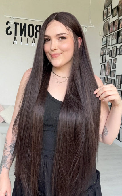 longest length dark brown heat safe synthetic wig.