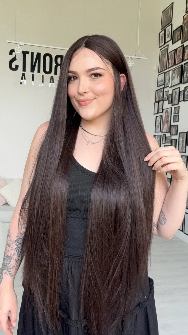 longest length dark brown heat safe synthetic wig.