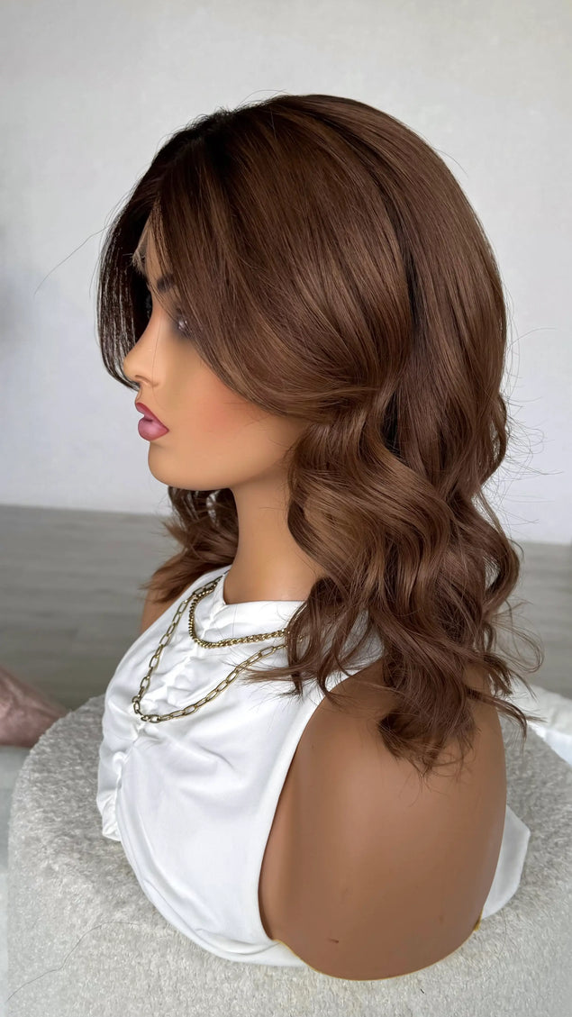 wavy brunette medical human hair wig in australia, realistic hairline.