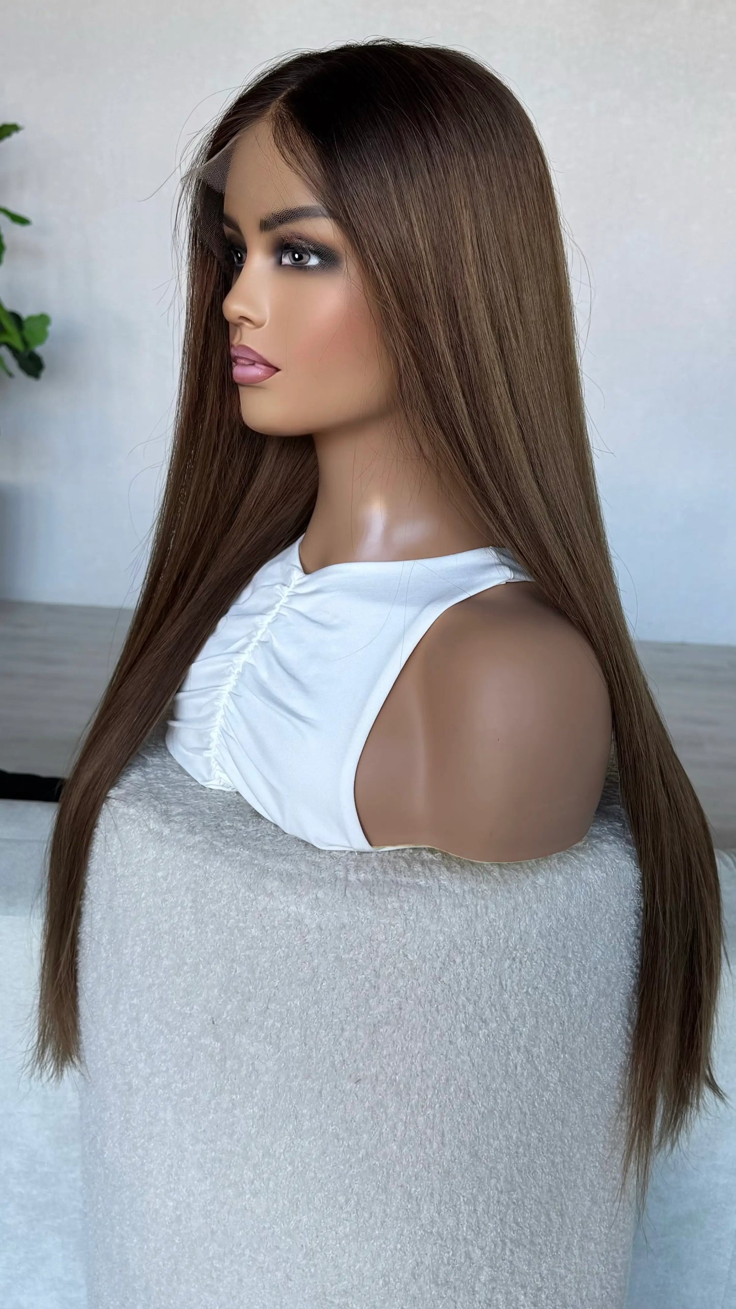 side on view, half hair back, 28 inch length hair, darker root, netural brunette gold unertone
