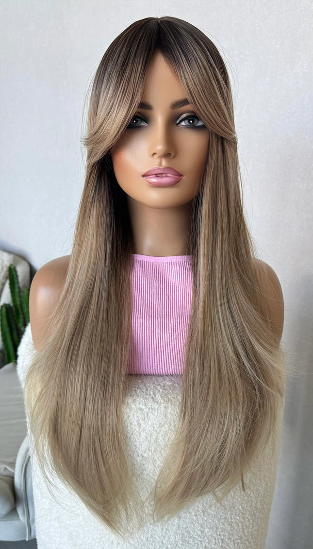dark root to champagne toned, long synthetic wig, heat safe australia.