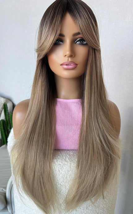 dark root to champagne toned, long synthetic wig, heat safe australia.