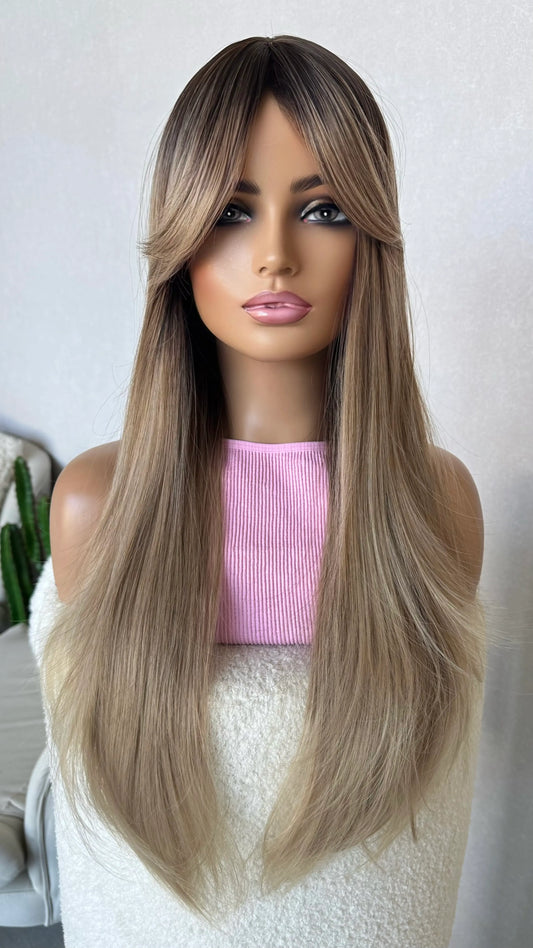 dark root to champagne toned, long synthetic wig, heat safe australia.