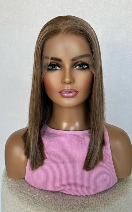 14 inch lacefront long bob, middle part, can be changed. glueless wig with heat safe hair.