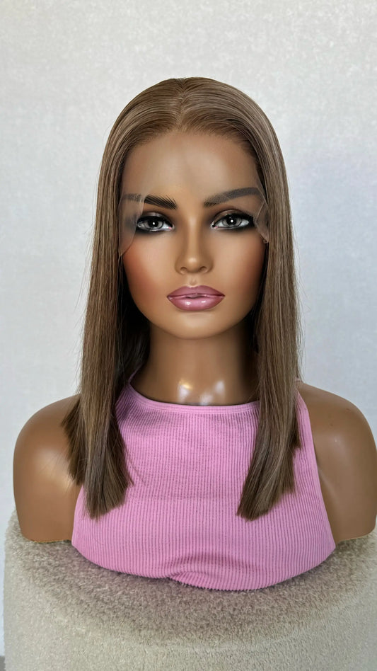 14 inch lacefront long bob, middle part, can be changed. glueless wig with heat safe hair.