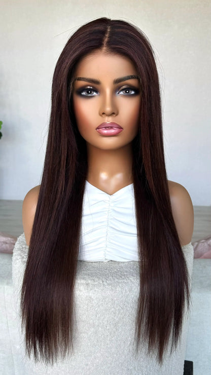 24 inch darkest brunette with burgundy highlights. straight hair, middle part, lacefront wig.
