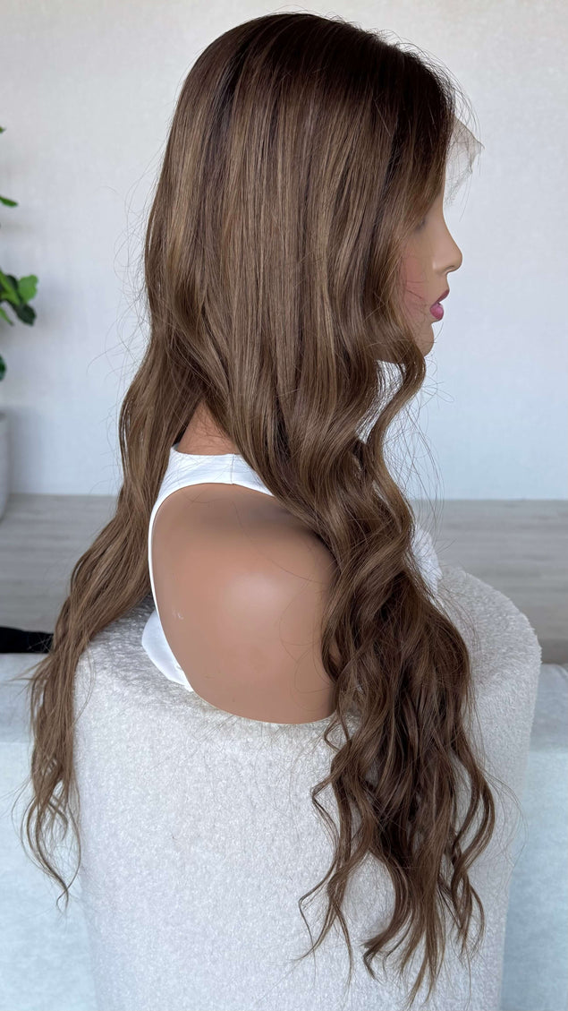 lace front long wavy brunette human hair wig wit glueless cap.