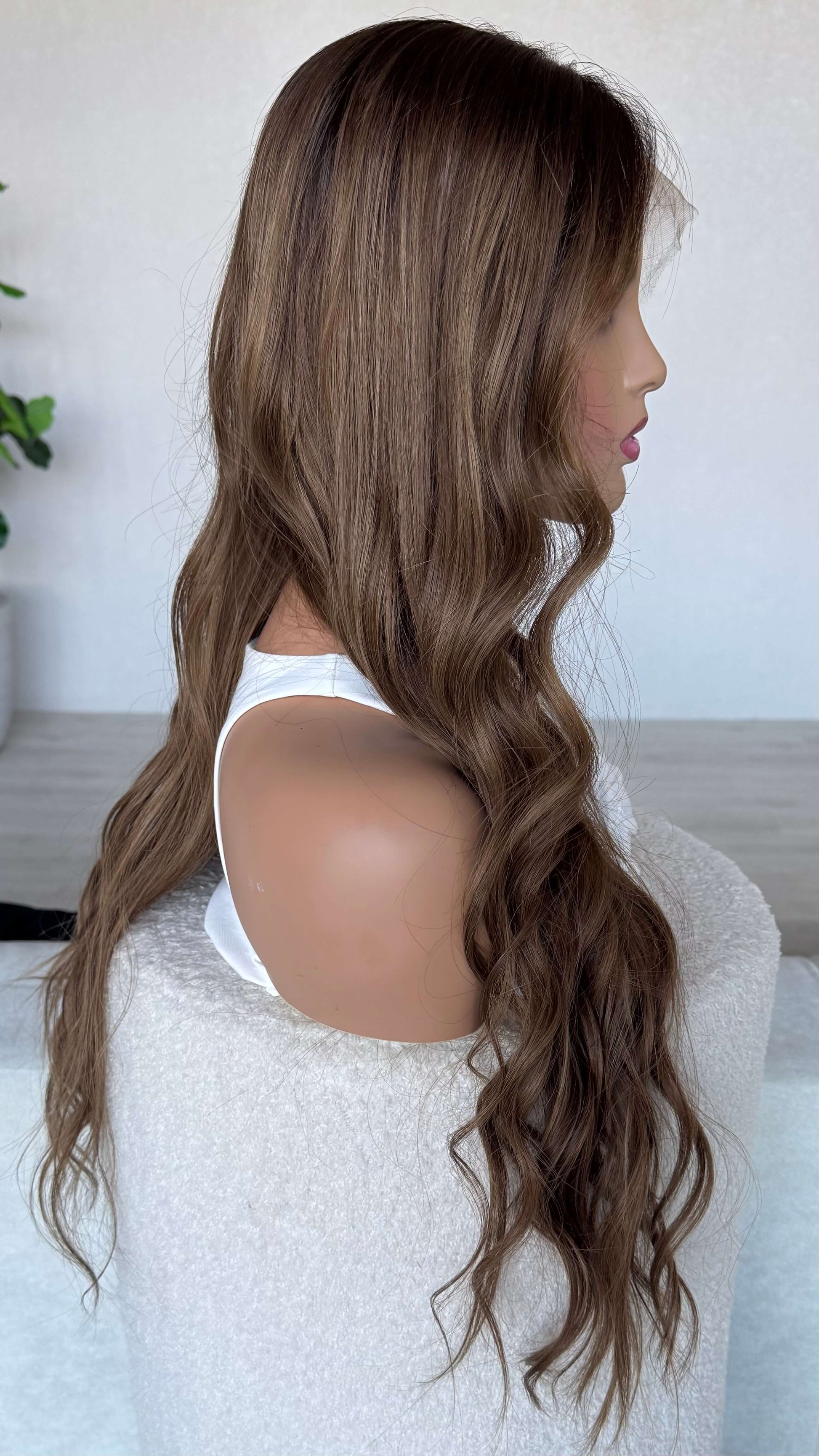 lace front long wavy brunette human hair wig wit glueless cap.