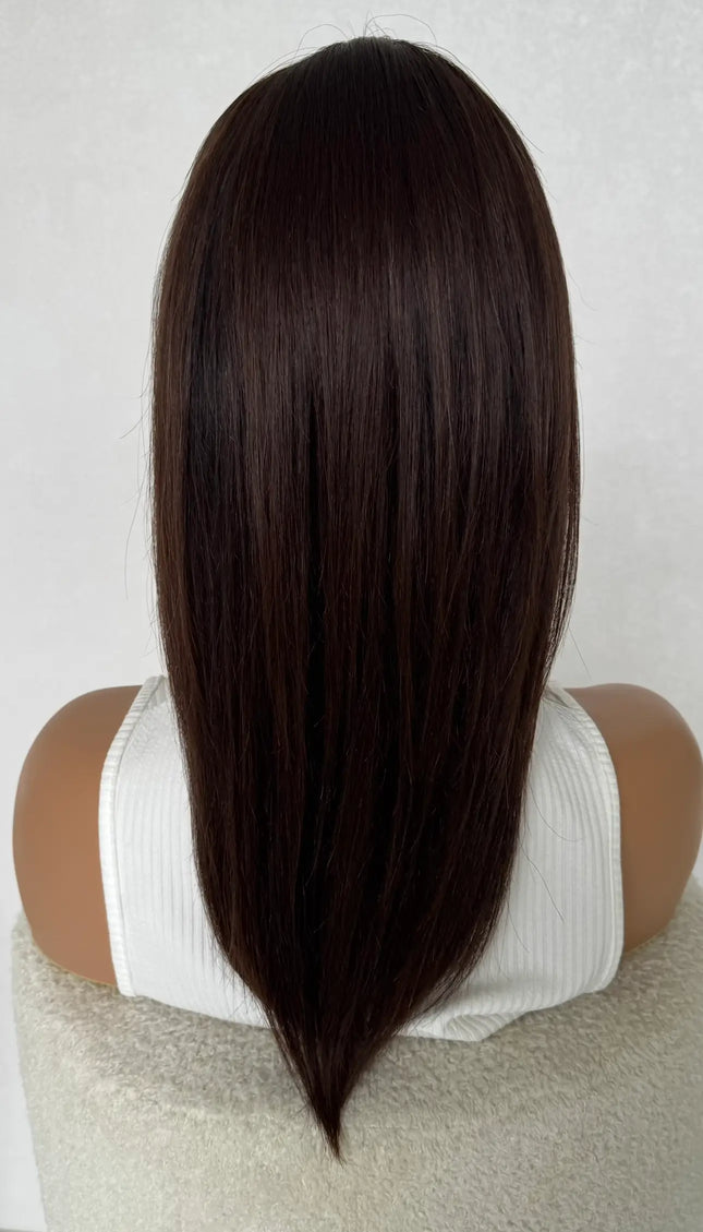 medical glueless dark brunette human hair wig for women with hairloss, alopecia and chemotherapy.