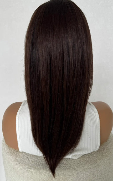 medical glueless dark brunette human hair wig for women with hairloss, alopecia and chemotherapy.