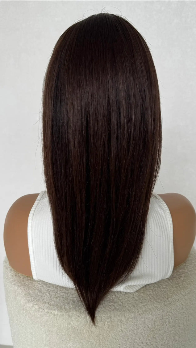 medical glueless dark brunette human hair wig for women with hairloss, alopecia and chemotherapy.