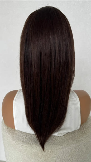 medical glueless dark brunette human hair wig for women with hairloss, alopecia and chemotherapy.