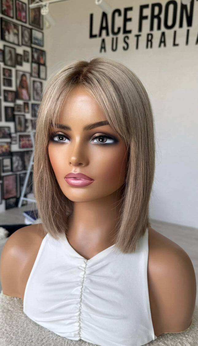 human hair front wig, beige sandy blonde colour with dark root, bob length straight hair wig.
