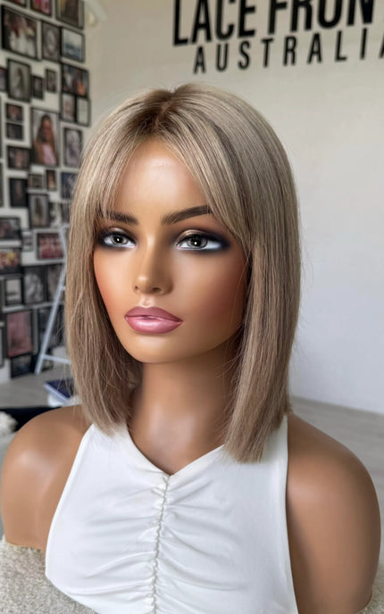 human hair front wig, beige sandy blonde colour with dark root, bob length straight hair wig.