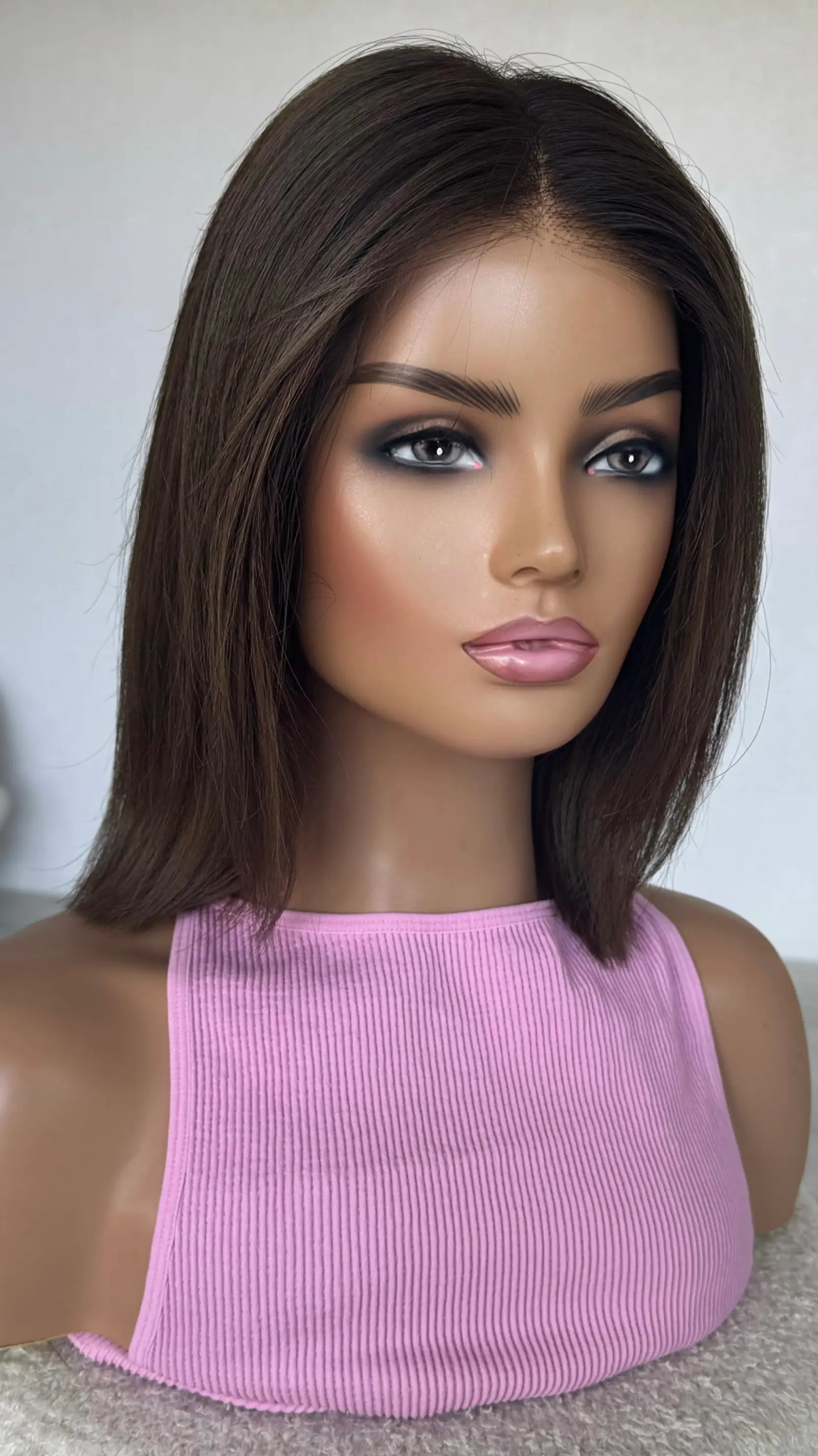 dark brunette lacefront wig australia. 14 inch long bob length.