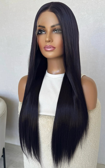 dark purple, lace front wig, long hair, heat safe.