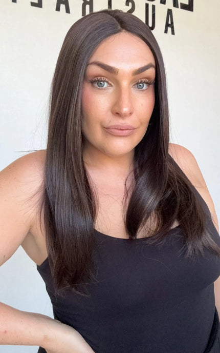 dark brunette heat safe wig, middle part straight hair wig, australia gold coast.