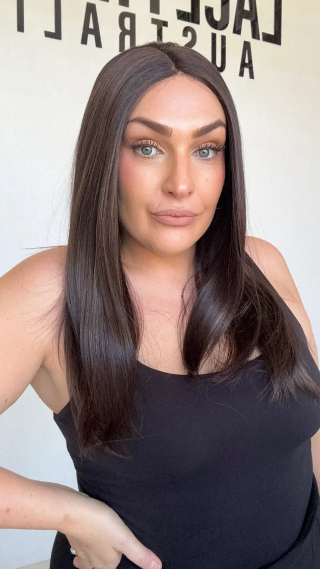 dark brunette heat safe wig, middle part straight hair wig, australia gold coast.
