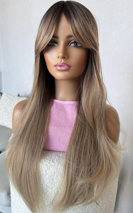 middle part curtain bang synthetic wig australia, glueless heat safe wig.