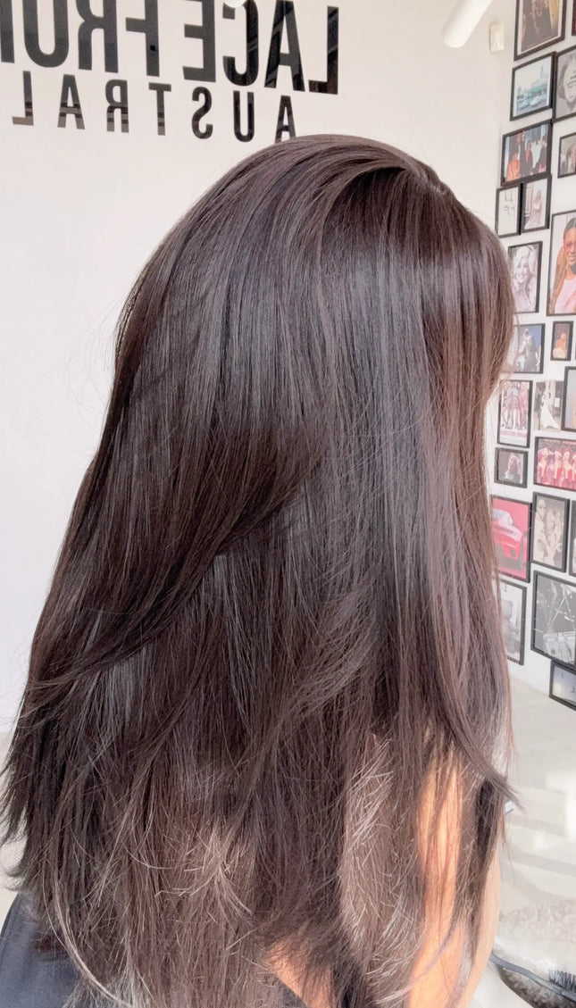 synthetic brunette topper with fringe and middle part and layers, gold coast, australia.