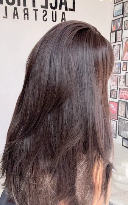 synthetic brunette topper with fringe and middle part and layers, gold coast, australia.