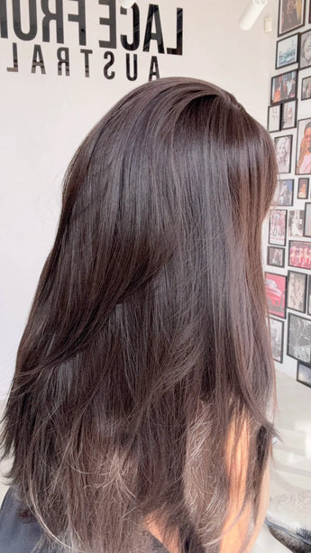 synthetic brunette topper with fringe and middle part and layers, gold coast, australia.