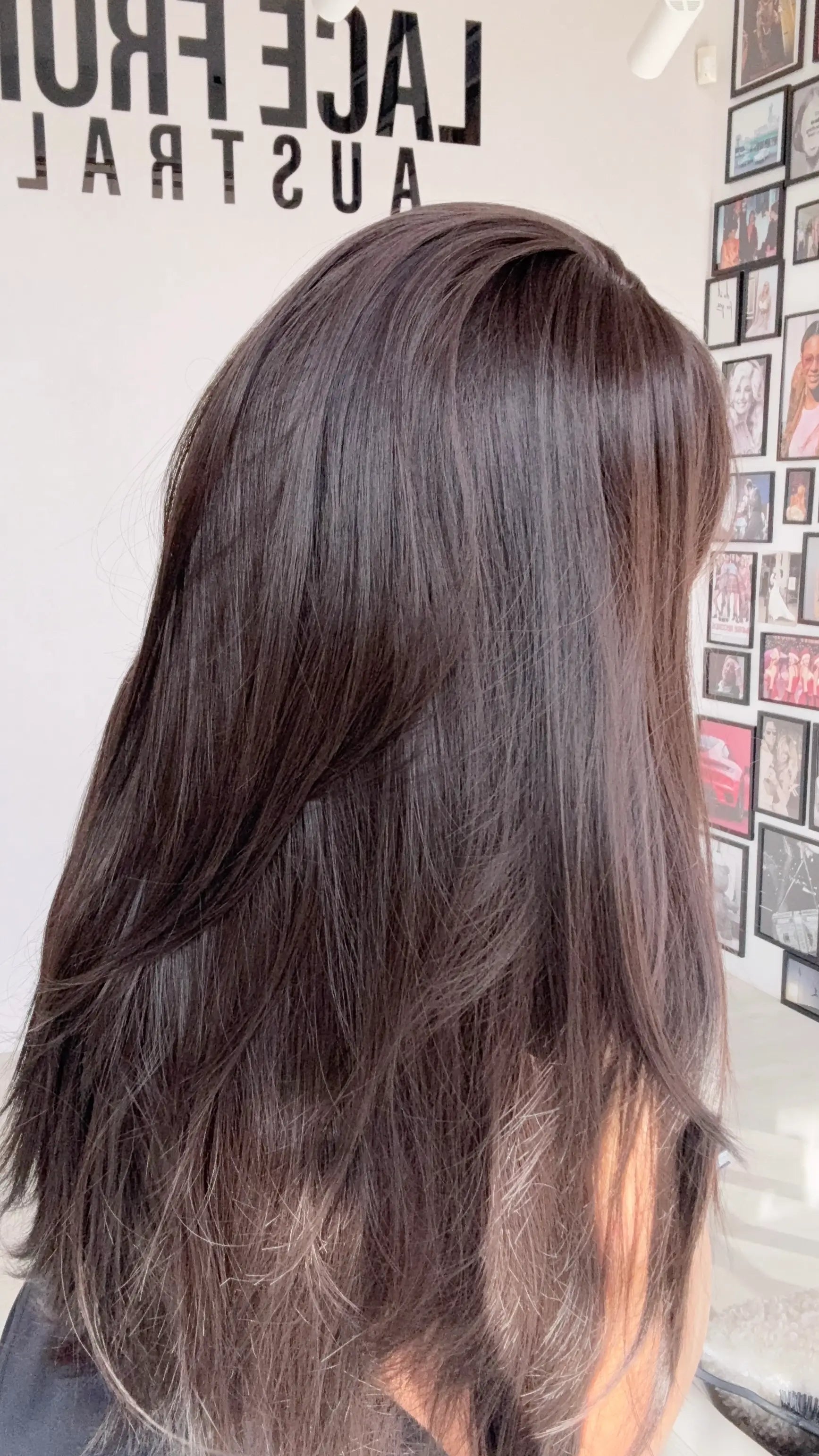synthetic brunette topper with fringe and middle part and layers, gold coast, australia.