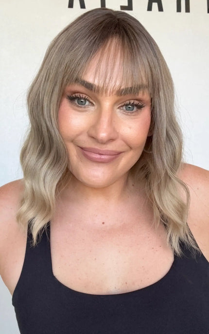 wavy hair fringe wig, middle part, darker root, heat safe glueless wig australia.