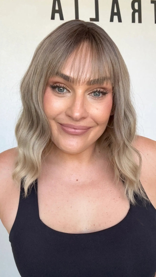 wavy hair fringe wig, middle part, darker root, heat safe glueless wig australia.