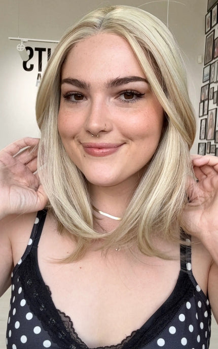 a realistic light buttery blonde wig for women with hairloss, alopecia, chemotherapy.