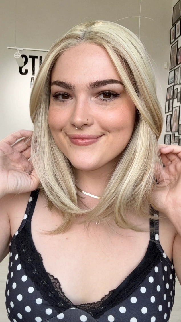 a realistic light buttery blonde wig for women with hairloss, alopecia, chemotherapy.