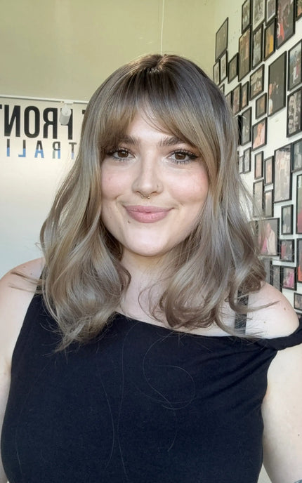 ash champagne dark blonde with middle part and fringe, heat safe glueles wig australia.